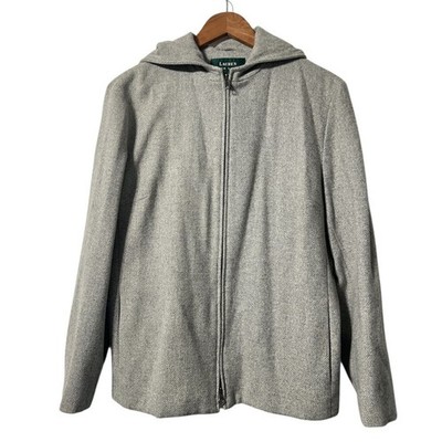 Lauren Ralph Lauren Lambswool Gray Herringbone Zip Up Contemporary Jacket L