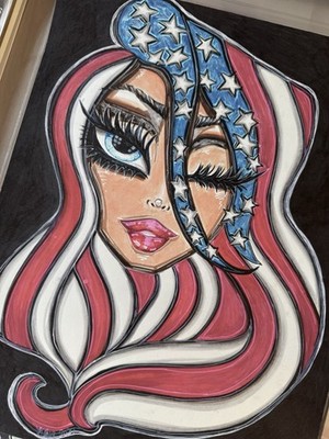 Contemporary Pop Art  American Flag Hair Girl  |Original Wall Art