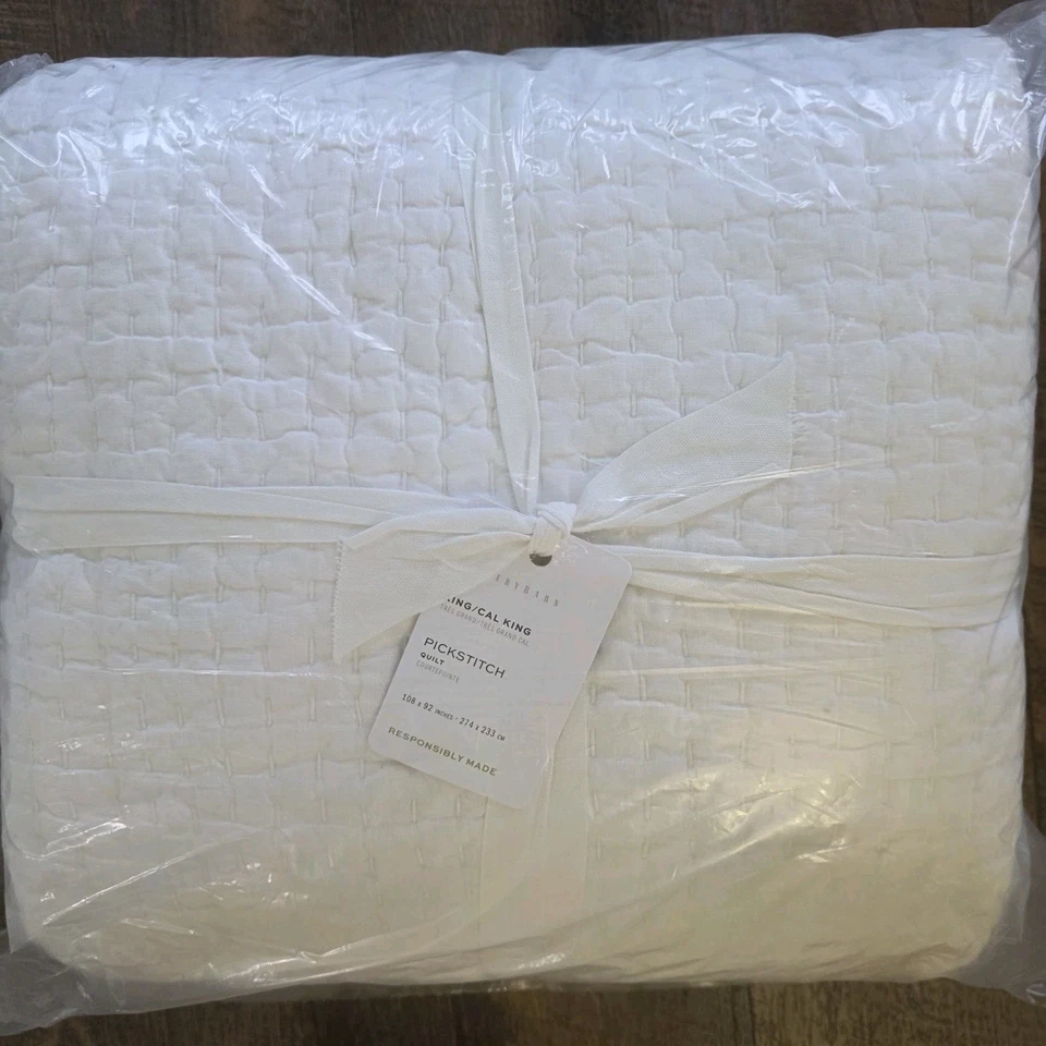 Pottery Barn Pickstitch KING Cotton Quilt Classic White NEW - Image 3 of 4