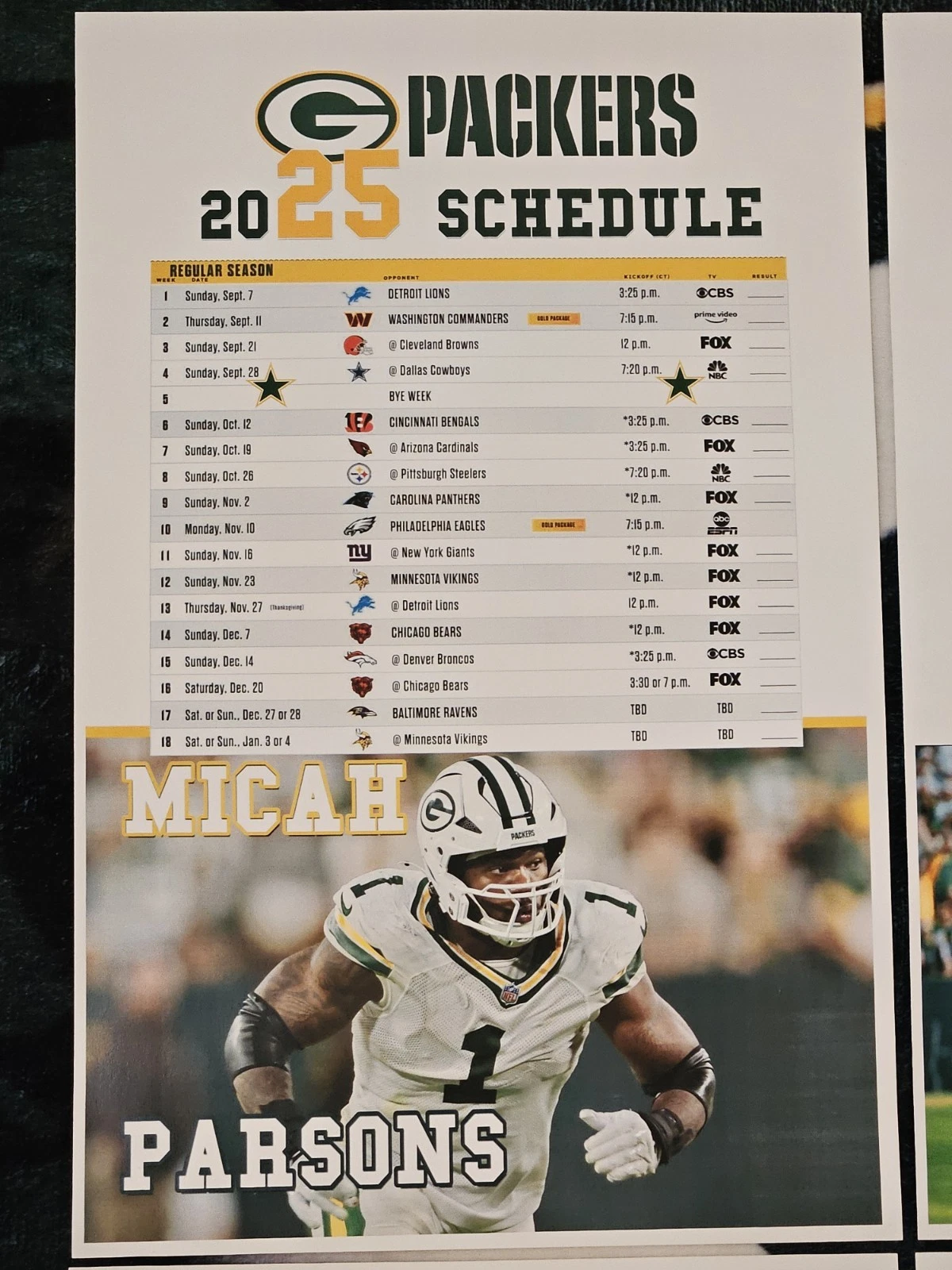 Micah Parsons 2025 Green Bay Packers Poster Schedule