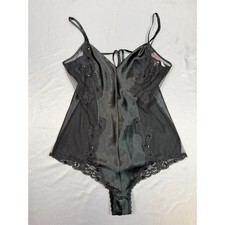VTG Victoria s Secret Black Satin Lace Sequin Mesh Teddy Bodysuit Lingerie XS