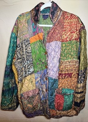 SACRED THREADS Silk Patchwork Lightweight Soft Button Up NWOT Jacket W s XL