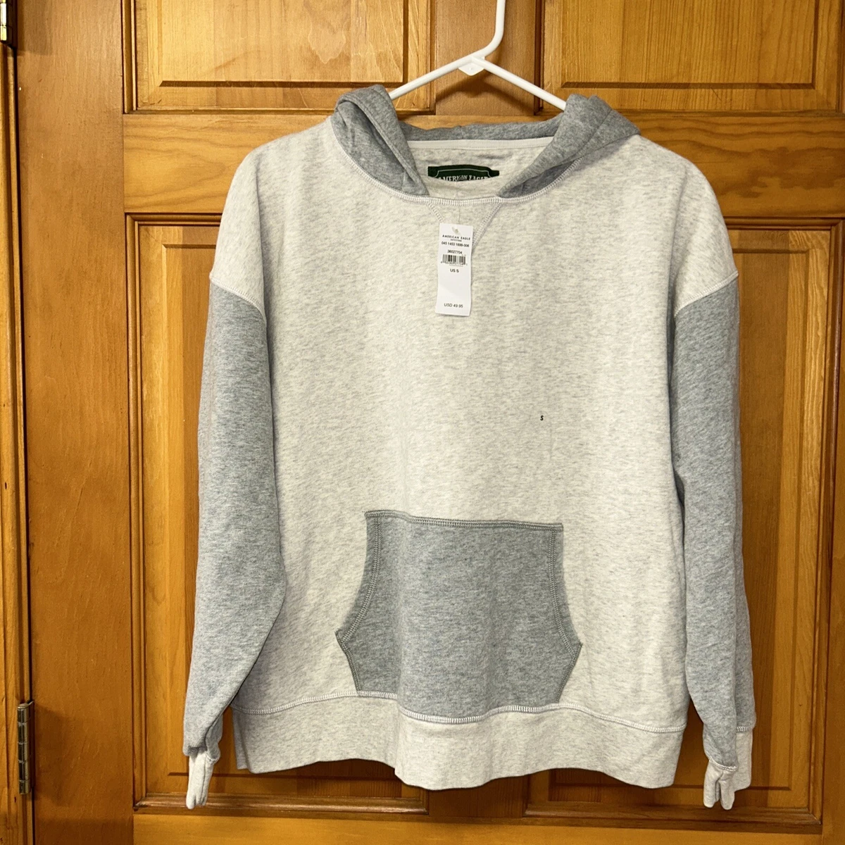 American Eagle Hoodie Adult Mens Sweatshirt White Cream Gray Fleece Small New