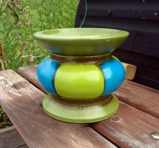 Vintage Pillar Candle Stand Olive Green and Blue; Mid-Century Modern;