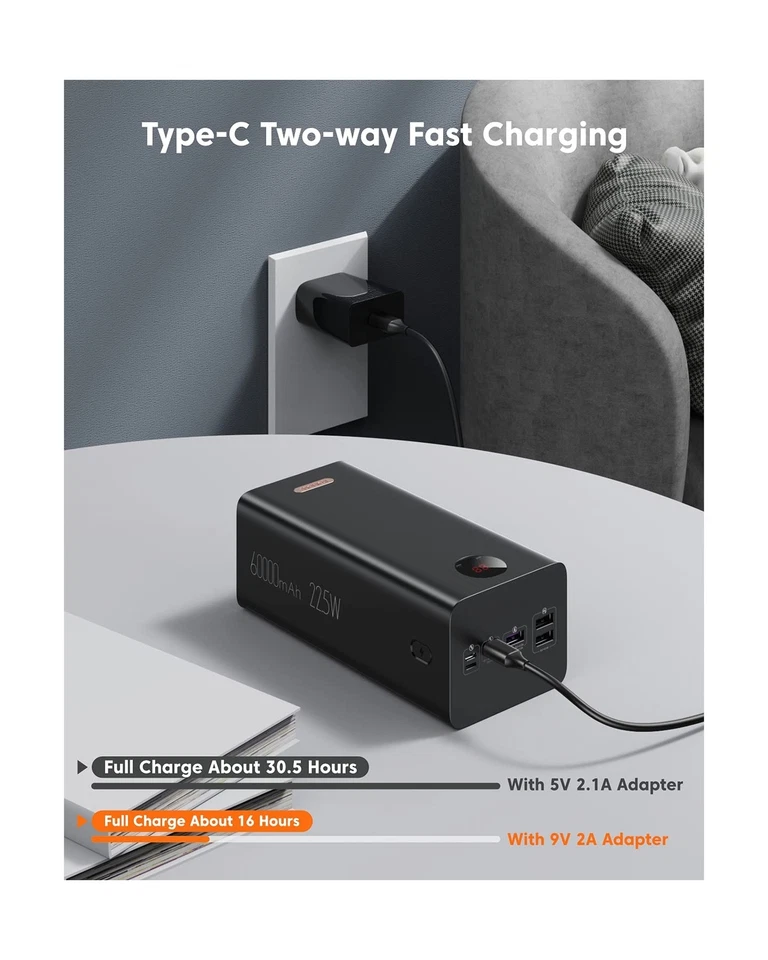 Banco de alimentación de alta capacidad ROMOSS 60000mAh, puerto de carga rápida PD 3.0 22.5W máximo... Foto 3 de 4