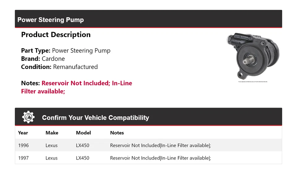 适用于 1996 - 1997 雷克萨斯 LX450 动力转向泵 Cardone — 第 2/4 张图片