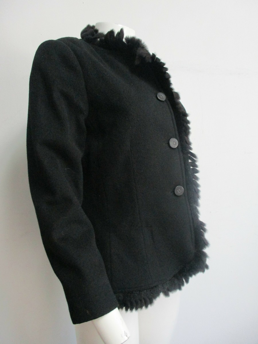 FENDI black wool-alpaca Muskrat fur fringe trim jacket