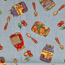 VTG Sharon Kessler Concord Tossed Canning Jars Checkered Blue Cotton Fabric 58"L