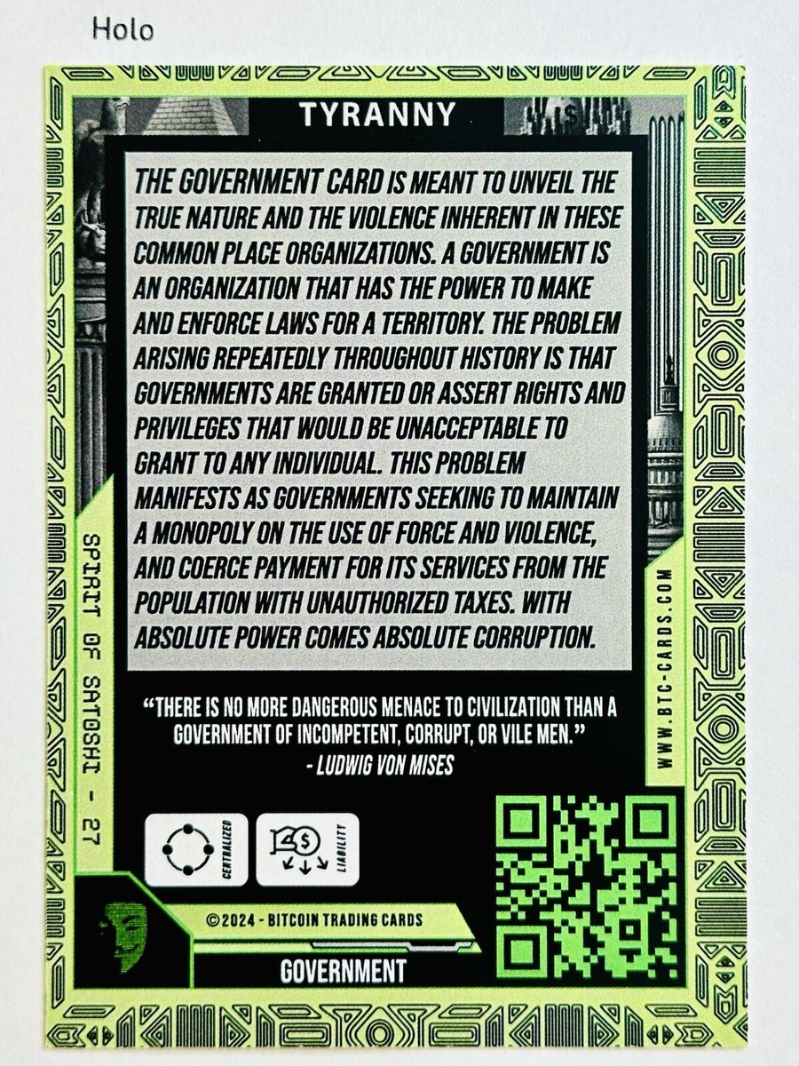 GOVERNMENT #27 2024 Bitcoin Trading Cards Spirit Of Satoshi HOLO /445