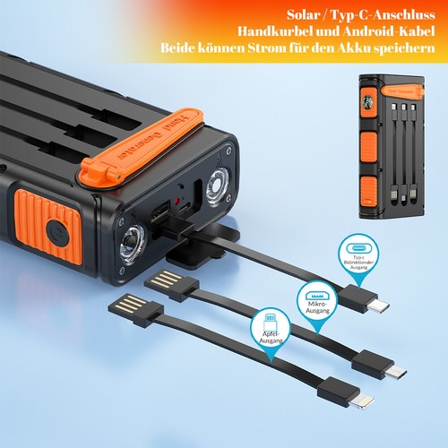 Solar Powerbank 46000mAh Externer Batterie Kurbel Ladegerät 3Kabeln Taschenlampe - Zdjęcie 3 z 28