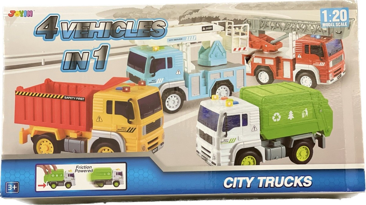 JOYIN 4in1 Friction Powered Garbage Truck Fire Rescue Dump truck Boom Lift  1:20