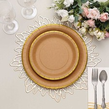 25 Natural 8" Round Disposable Dinner Salad Paper PLATES Gold Lined Trim Party