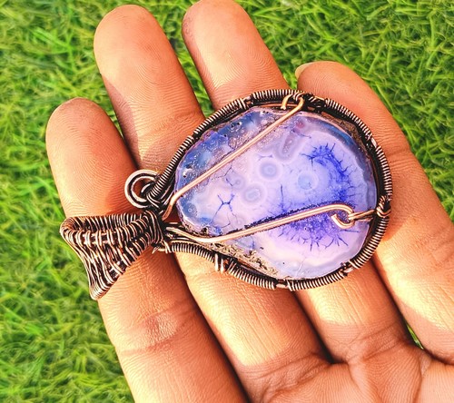 Slice Agate Gemstone Designer Pendant Copper Wire Wrap Gift Jewelry 2.5" - Picture 4 of 4