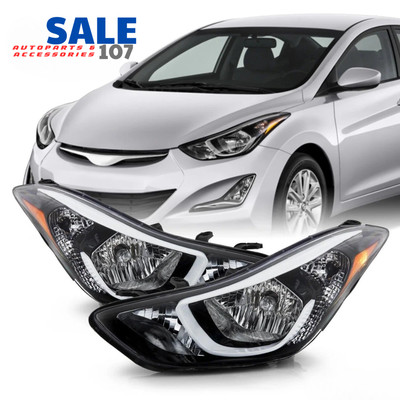 For 2014-2016 Hyundai Elantra Halogen Headlights Black Lamp W/Bulbs Left+Right
