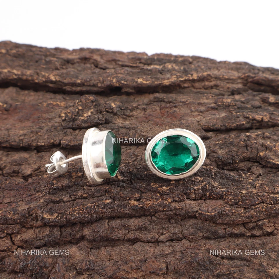 925 Silber Ovale Kunstdiamanten Grün Smaragd Edelstein Handgefertigt Lang - Bild 4 von 4