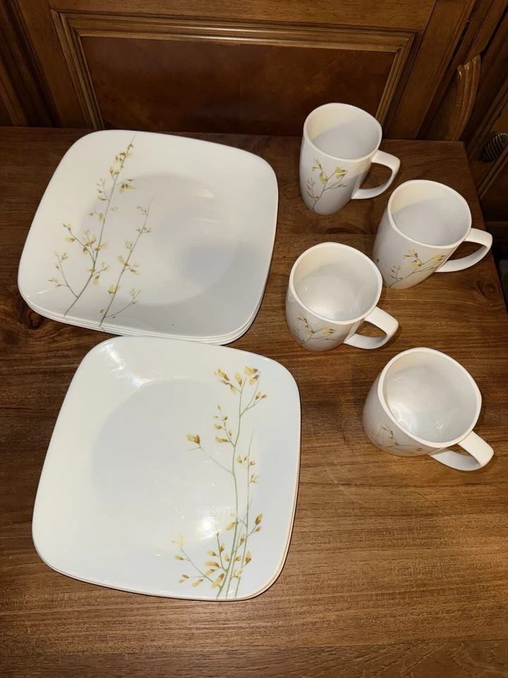 12pc Corelle Kobe Square Plate Mug Dinnerware Set White Floral EUC! - Image 2 of 4