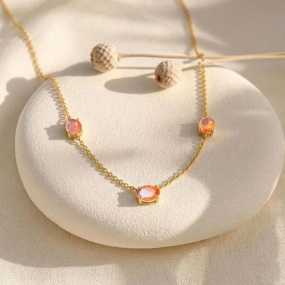 Natural Sunstone Necklace Gold, Oval Sunstone Station Necklace, Dainty Minimalis