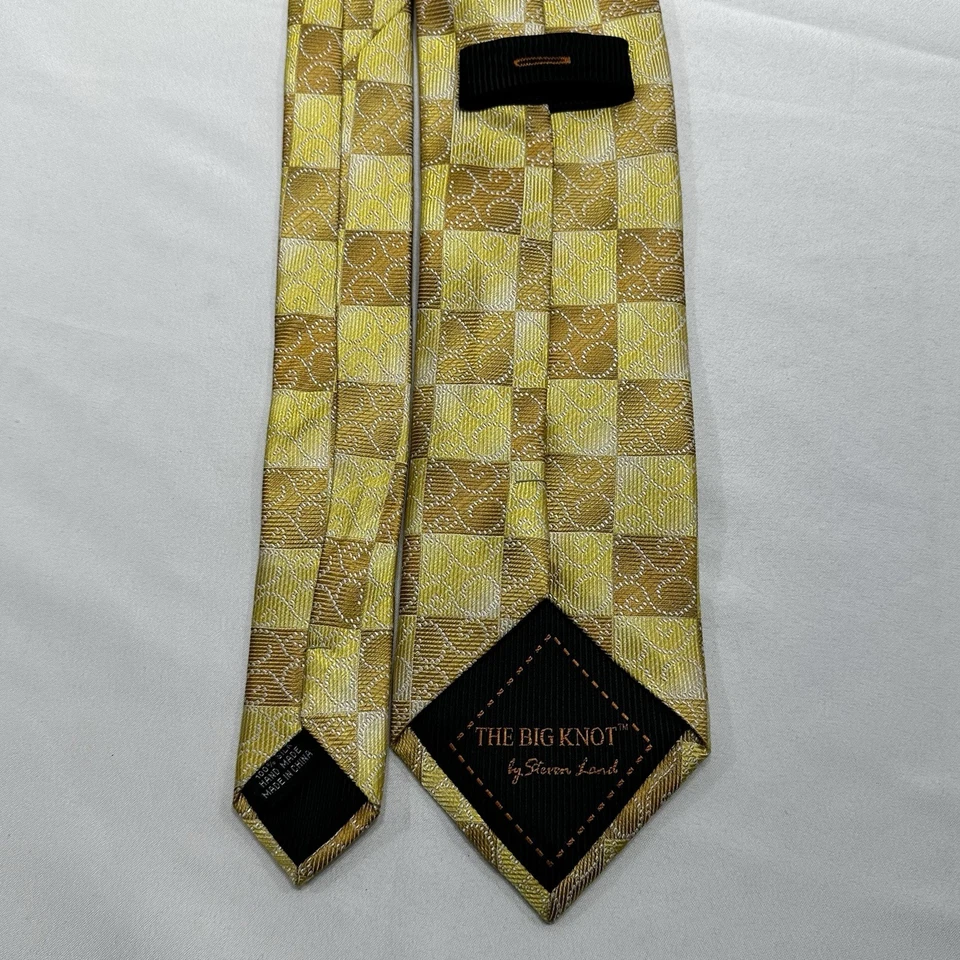 Corbata de diseñador The Big Knot Steven Land seda amarilla y dorada geométrica ornamentada Foto 2 de 4