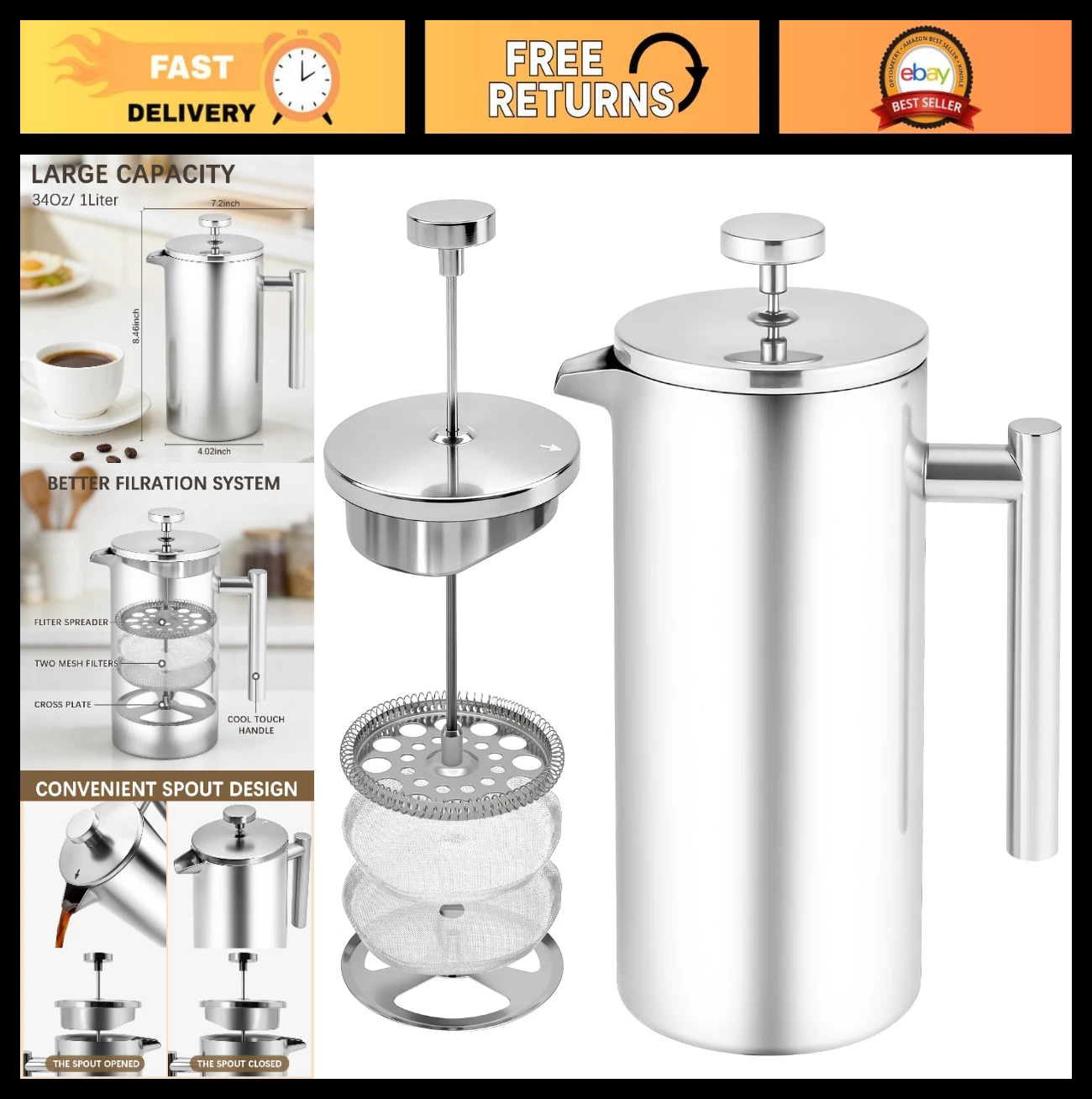 Stainless Steel French Press Coffee Maker - 34oz, 2 Extra Filters for Home & Tra