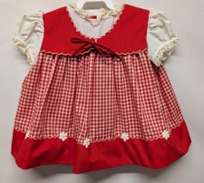 Vtg. Nannette Baby Dress Red White Checks Lace Trim Embroidered Flowers 6 Mos
