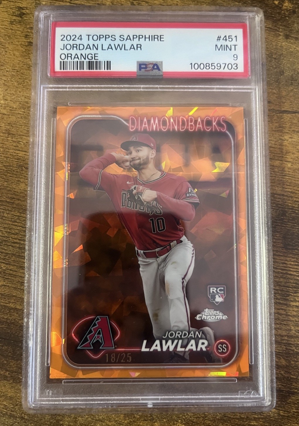 2024 TOPPS CHROME SAPPHIRE ORANGE #451 JORDAN LAWLAR ROOKIE RC 18/25 PSA 9