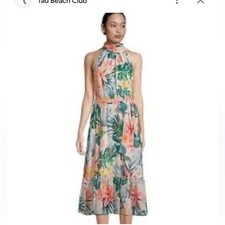 ELIZA J Beige Pleated Ruffled Lined Floral Sleeveless Halter Dress Size 6