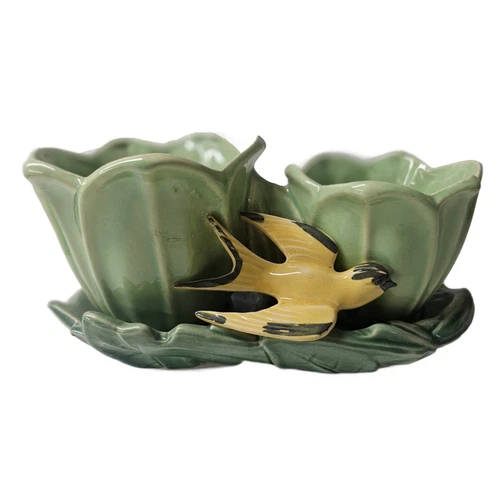 Vintage 1940s McCoy Pottery Green Double Tulip Planter w/ Yellow Swallow Bird