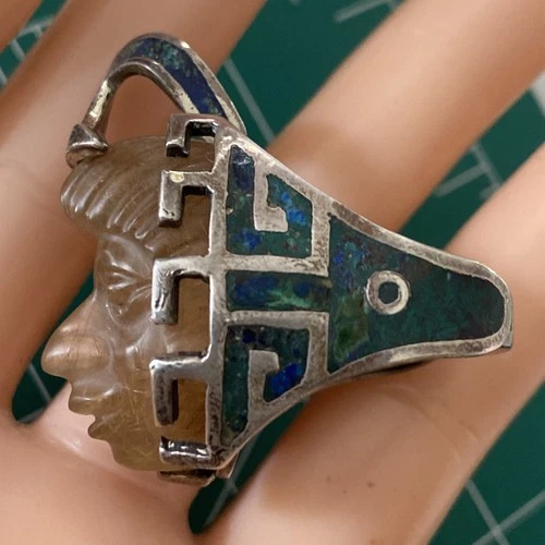 Vintage Cecilia Tono Mexican Sterling Gold Rutile Quartz "Mask" Ring Sz 7.5 RARE
