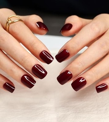 Press on Nails Short Square -  Burgundy False Fake Nails Wine Red Short Glossy