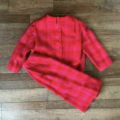 VTG Best & Co Cosmopolitans Red Pink Plaid Wool Suit Jacket Skirt Size 11 #11D7