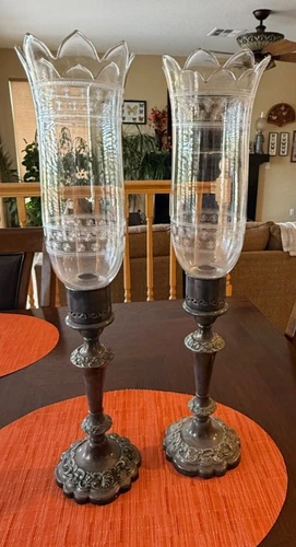 Beautiful Pair Victorian Etched Glass Hurricane Shades on Early Candlesticks