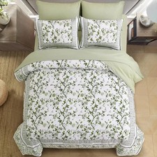 Floral King Size Comforter Set, Sage Green Flowers on White Botanical Bedding Se