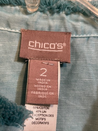 NWT Chico's Tibetan Aqua 3/4 Sleeve Linen Cotton Jacket Size 2 (L) Fringe Trim - Picture 5 of 10