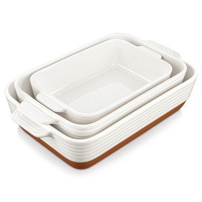 Ceramic Baking Dishes Set of 3 Casserole Pan Khaki White 14.5 13 10.5 MALACASA