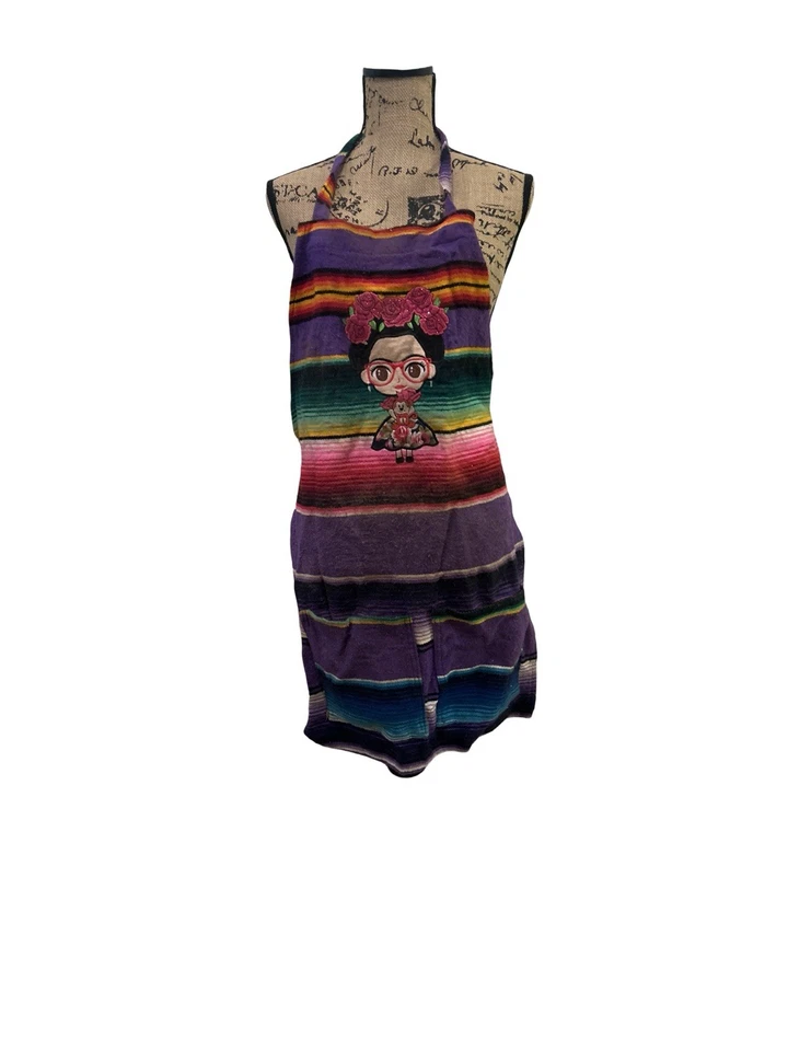 Vintage Frida Kahlo Apron Rainbow Colors Mexican Cooking Apron with Pockets - Image 2 of 4