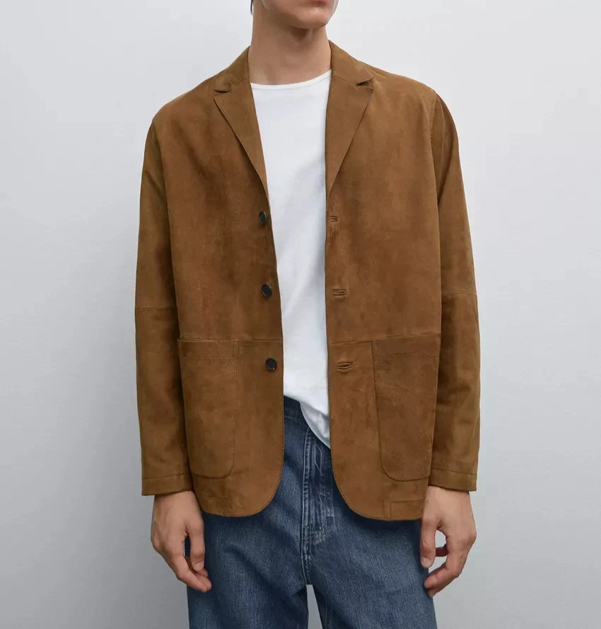 Stylish Men's Brown Genuine Suede Brown Leather Blazer Three Button Casual Coat