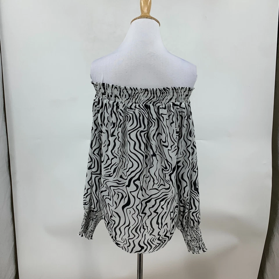 Milano Off Shoulder Top Womens S Small White Black Zebra Print Long Sleeve Smock - Изображение 4 из 4