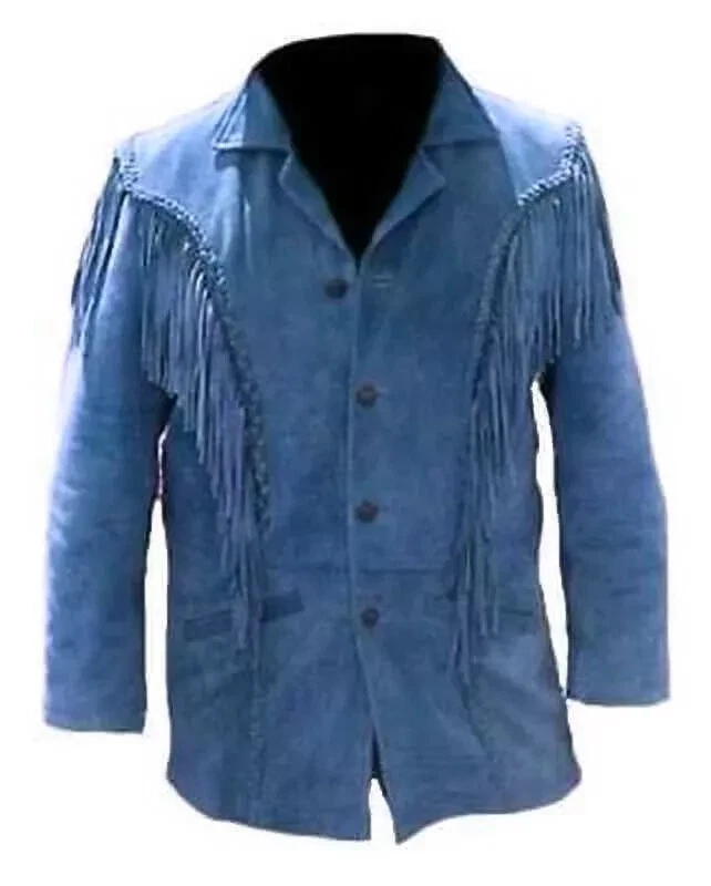 Men Western American Cowboy Suede Native Jacket With Fringe - Blue Color