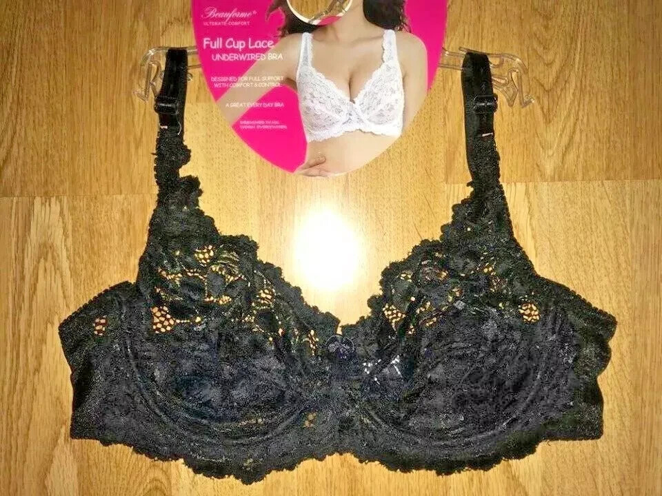 BNWT Ladies Underwired Support Full Cup Lace Bra Size 34C Black Non