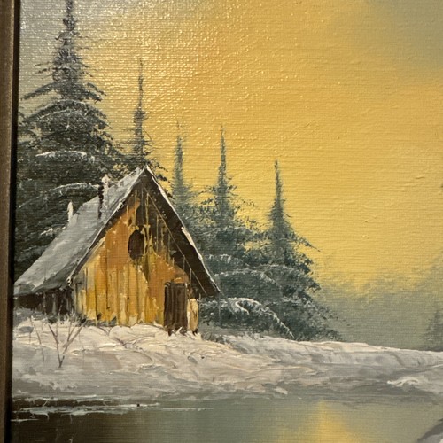 Original oil on canvas signed WALLACE Cabin Snow Pines - Framed 23.5" x 20 - Picture 6 of 11