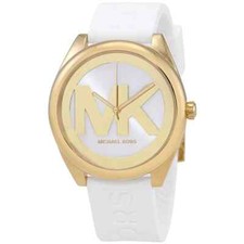 MICHAEL KORS WHITE JANELLE SILICONE BAND,GOLD TONE 'MK' LOGO DIAL WATCH-MK7141