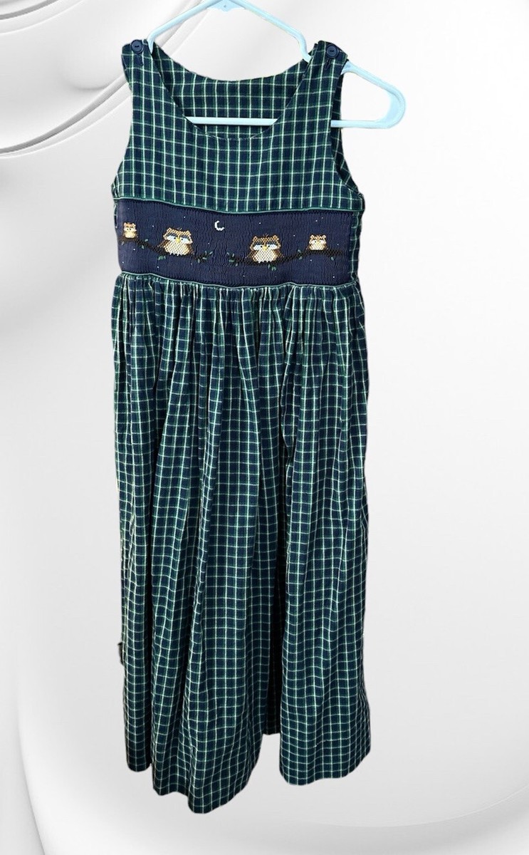 blue plaid jumper dress Handmade Girls and Green Smocked Owls Bardot Split Detail Bodycon USA-COTTON Men's Size:15 US defined pleats