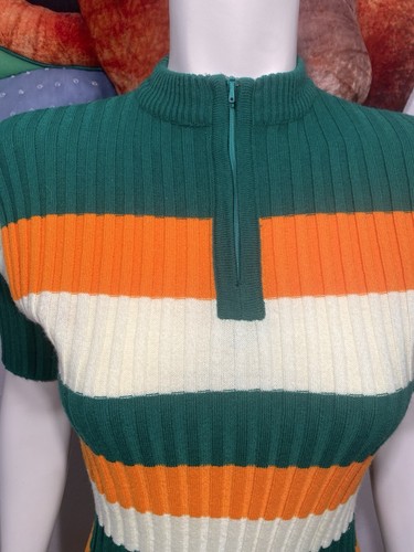 1970’s Vintage Stretchy Wide Stripe Sweater Top Zip Zipper Neckline Mod Ribbed L - Picture 6 of 7