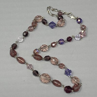 Glass Beaded Necklace Pink Purple Blush Collar Tennis Sautoir Holiday Facet 16''