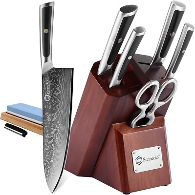 Sunnecko Damascus Japanese Professional Kitchen Knife, 7 Piece Set, VG10, Black