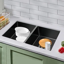 32"x18'' Drop-in Double Bowl Basin Kitchen Sink Black With Filter Baskets