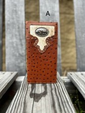 Full Quill Ostrich Print and Cowhide Leather Wallet with Praying Cowboy Concho