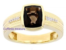 Natural Smoky Quartz  CZ Gemstone with 925 Sterling Silver Gold Plated Ring 55