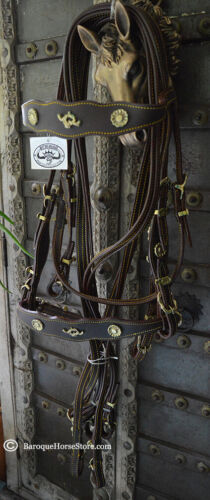 Baroque Portuguese Dressage Double Weymouth Horse Bridle BROWN/GOLD WB NWT - Photo 1/3