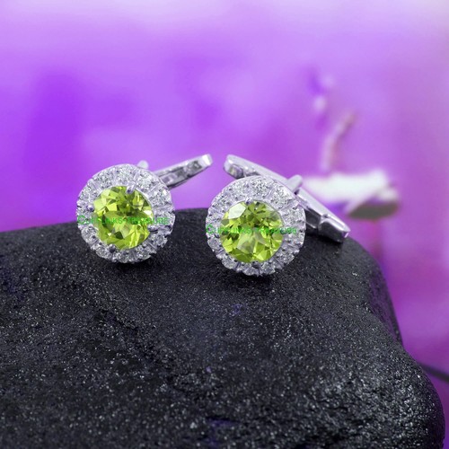Natural Peridot & CZ Gemstones with 925 Sterling Silver Cufflinks For Men's #455 - Picture 6 of 9